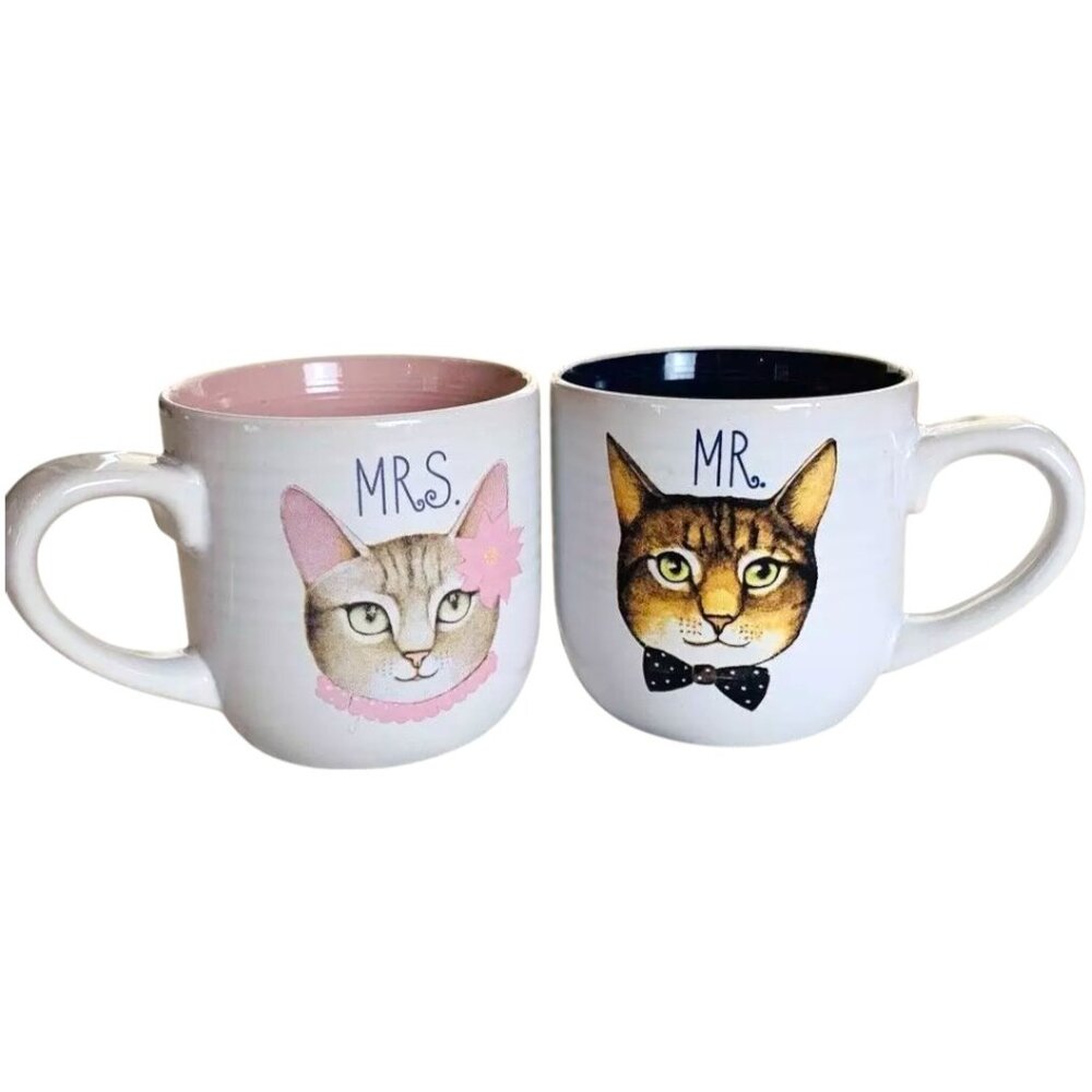 Adorable Pair of Mr. and Mrs. Ceramic Cat Mugs! Dishwasher and Microwave Safe